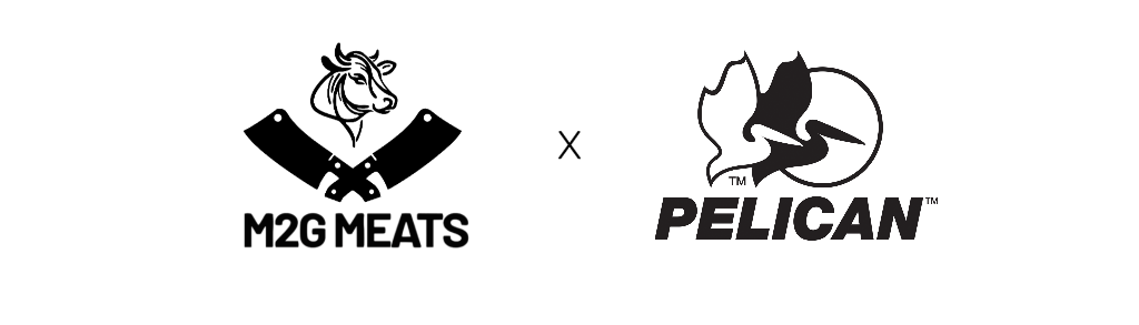 Logos of M2G Meats and Pelican on a white background